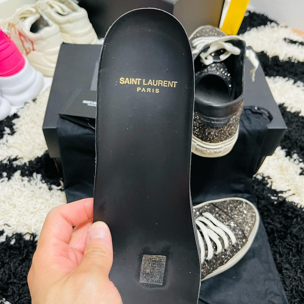 Limited Men’s Size 8 Saint Laurent Glittery Black Dirty Sneakers In Black/White - Picture 9 of 13